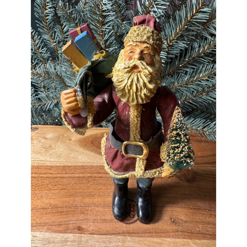 Vintage Style Santa Claus Figurine Holiday Decor Red Gold 7.5 Inch Folk Art